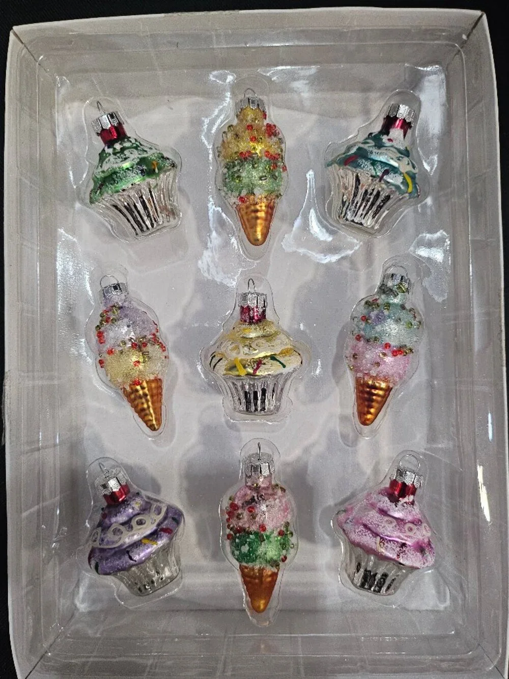 Pastel Glass Ice Cream & Cupcake Christmas Tree Ornaments Sweet Treats Set Of 9